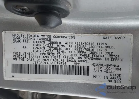 2002 Toyota Highlander Limited V6 z USA, uszkodzony, nr VIN JTEGF21A020047494